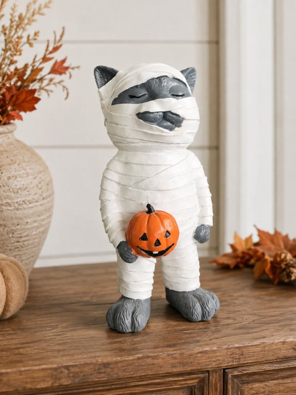 Halloween Mummy Cat Figurine 10in Resin Pumpkin Decor NWT